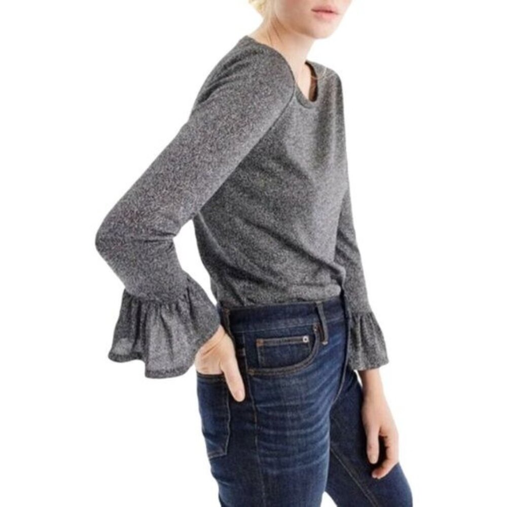 J CREW Silver Metallic Top Long Ruffle Bell Sleeve‎ XS